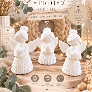 May include: Three white angel figurines with a textured knit pattern. The left angel holds a heart, the centre angel has hands in prayer, and the right angel holds a star. Text includes Strick Engel Trio, 3D Datei, and MadebyChristinStore.