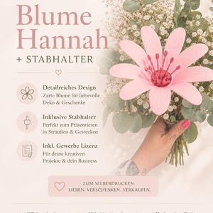 Könnte beinhalten: Eine 3MF-Druckdatei für eine rosa Blume namens Blume Hannah, inklusive Stabhalter. Der Text lautet Neu, 3MF DRUCKDATEI, Blume Hannah, STABHALTER, ZUM SELBERDRUCKEN, LIEBEN. VERSCHENKEN. VERKAUFEN und MadebyChristin Store.