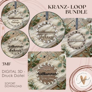 Könnte beinhalten: Ein Bundle aus Holzkränzen mit dem Wort "Willkommen" (Willkommen) in verschiedenen Ausführungen. Jeder Kranz hat ein Blattdesign und wird von einem grauen Band gehalten. Der Text "KRANZ-LOOP BUNDLE" steht oben.