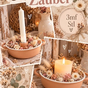 Könnte beinhalten: Eine terrakottafarbene Keramikschale mit zwei seitlichen Griffen, gefüllt mit Trockenblumen und Gräsern. Ein Bild zeigt eine lange weiße Stabkerze, das andere eine dicke Stumpenkerze. Der Text lautet Emalie Zauber, 3mf Stl, MadebyChristinStore.