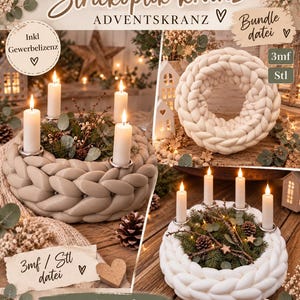 Könnte beinhalten: Eine digitale Designdatei für einen Kranz in Strickoptik mit den Texten Strickoptik kranz, ADVENTSKRANZ, Bundle datei, 3mf, Stl, Inkl Gewerbelizenz und MadebyChristinStore. Das Bild zeigt beige und weiße, kreisförmige Kränze mit Kerzenhaltern.