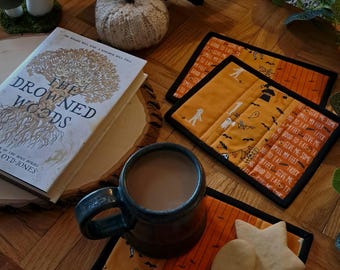 Mug Rug | Quilted Mug Rug | Orange Halloween Mug Rug | Large Coaster | Fabric Coaster | Quilted Coaster