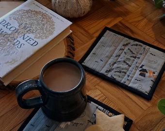 Mug Rug | Quilted Mug Rug | Gray Halloween Mug Rug | Large Coaster | Fabric Coaster | Quilted Coaster