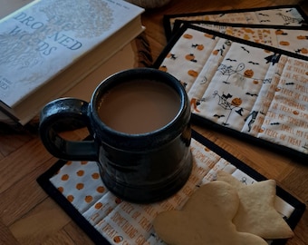 Mug Rug | Quilted Mug Rug | White Halloween Mug Rug | Large Coaster | Fabric Coaster | Quilted Coaster
