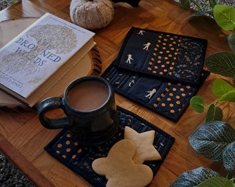 Mug Rug | Quilted Mug Rug | Black Halloween Mug Rug | Large Coaster | Fabric Coaster | Quilted Coaster