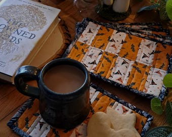 Mug Rug | Quilted Mug Rug | Orange and White Witchy Halloween Mug Rug | Large Coaster | Fabric Coaster | Quilted Coaster