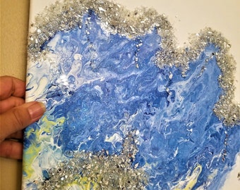 WALL ART. Mirrored Crushed Glass Art,  Glitter Art, Blue / Silver, Abstract Art, Stretch Canvas. Wall Décor, 12"x12"