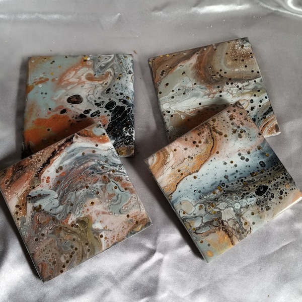 COASTERS, Tile coaster set , Bar décor, Hand painted Tiles , Resin coated, Holiday gift idea, 4 Drink Coasters, 4x4 each. Free Shipping!,