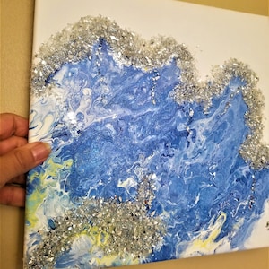 WALL ART. Mirrored Crushed Glass Art,  Glitter Art, Blue / Silver, Abstract Art, Stretch Canvas. Wall Décor, 12&quot;x12&quot;