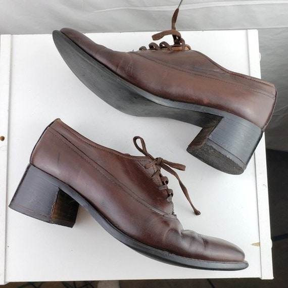 Brown Leather Tie Oxford Heeled Shoes 