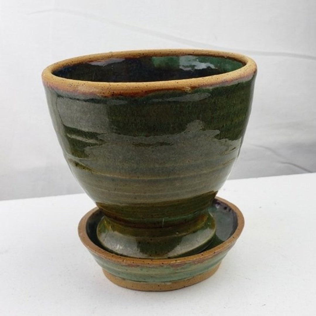 Olive Green Pottery Planter With Saucer Etsy