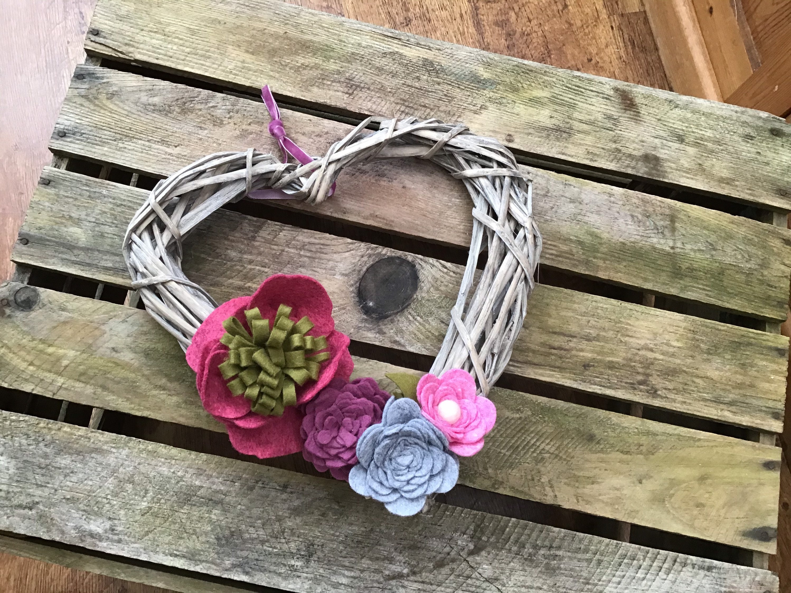 Wicker 25cm heart shaped wreath with pink floral felt handmade Etsy