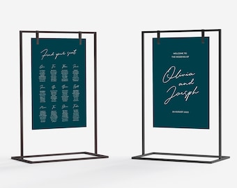 Seating Chart and Welcome Sign Bundle, Emerald Green Calligraphy Wedding Signs, Minimalist Modern Large Wedding Sign and Table plan 01