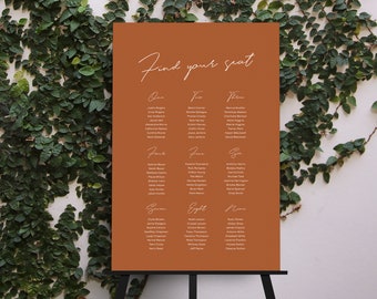 Burnt Orange Calligraphy Seating Chart, Minimalist Wedding Seating Chart Template, Modern Digital Table Plan, DIY Editable Template 07