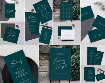Emerald Green Calligraphy Wedding Bundle including Large Wedding Sign, Downloadable Menu, Invite and Calligraphy Table Numbers / Template 01