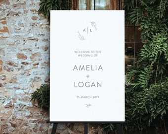 Floral Illustration Logo Wedding Welcome Sign, White and Grey DIY Editable Template 08