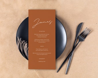 Minimalist Wedding Menu and Name Card Template, Burnt Orange, Modern Wedding Stationery, Downloadable menu, DIY Editable Template 07