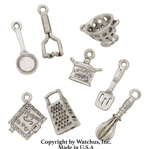 8 Kitchen Collection Charms - Free Jumprings | Sterling Silver Plated Kitchen Charm, DIY Charm Bracelet, Made in U.S.A-F