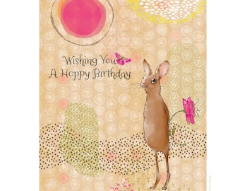 Rabbit "Wishing You a Hoppy Birthday" Card/Birthday Greeting Cards/Whimsical Greeting Card/Blank Inside