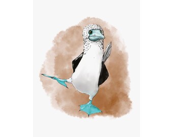 Blue-Footed Booby Watercolor Art Print – Whimsical Marine Bird Wall Art