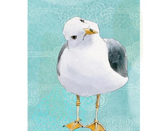 Curious Seagull on Teal Greeting Card/Blank-No Text Inside/Coastal Greetings Card