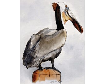 Watercolor Pelican Art Print, Coastal Bird Decor, Neutral Tones, Ready to Frame