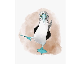 Blue-Footed Booby Art Print: Whimsical Watercolor Marine Bird Illustration