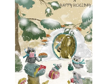 Mr. Fox's Surprise Greeting Card/Whimsical Christmas Holiday Card (Blank Inside)
