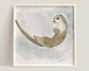 Playful River Otter Watercolor Print B: Nursery Wall Art (Digital Download)