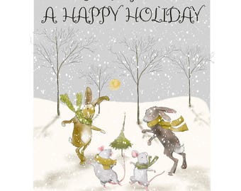 Winter Solstice Greeting Card/Dancing Rabbits and Mice Holiday Card (Blank Inside)
