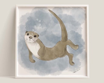 Playful River Otter Art Print, Watercolor Illustration (Digital Download)