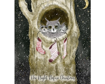 Three Owls Holiday Greeting Card/The Night Before Christmas Card(Blank Inside)