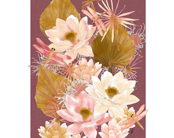 Lotus Flower Greeting Card/Water Garden Art Card/Dragonfly Floral Notecard/Botanical Blank Card/Nature Card