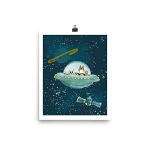 Stampa artistica "Volpe e gufo amici nello spazio"/Arte originale/Senza cornice/Acquerello/3 dimensioni disponibili