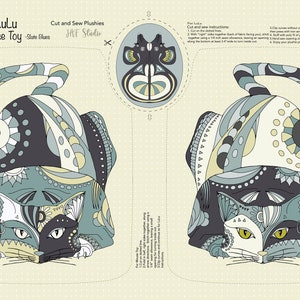 Mod Cat LuLu Fabric Panel/DIY Cut and Sew Plushie-Pillow/Fat Quarter Panel printed to order/#076