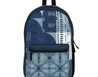 Mochila de patchwork shibori, mochila de inspiración índigo, mochila bohemia, mochila tie-dye, mochila escolar hippie