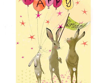 Rabbit Happy Birthday Card/Fanciful Animal Card/Rabbit Trio with Balloons/Blank Inside Birthday Card