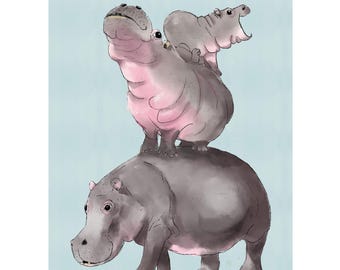 Three Hippo Greeting Card/Hippopotamus Blank Note Card/Hippo Lover's Card