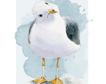 Curious Seagull Watercolor Greeting Card – Coastal Bird Art (5x7)
