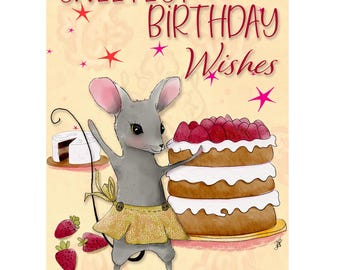 Mouse and Cake Birthday Card/Sweetest Birthday Wishes/Blank Card Inside/Whimsical Birthday Card