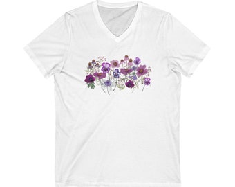 Purple Wildflower V-Neck Tee/Boho Botanical Shirt/Garden Lover T-shirt/Floral Unisex Jersey Short Sleeve Tee/Flower Shirt/Nature Lover tee