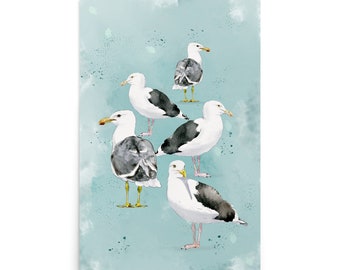 Seagulls Watercolor Art Print, Teal Coastal Bird Illustration