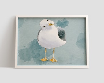 Curious Seagull Watercolor Art Print, Landscape (Digital Download)