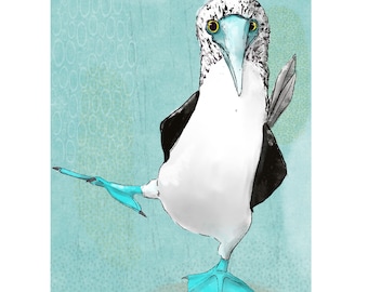 Blue Footed Booby Bird Art Greeting Card – Whimsical Ocean Lover Greeting (Blank Inside)