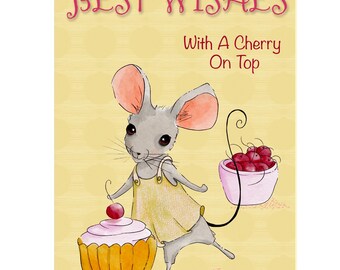 Best Wishes Birthday Card with Mouse and Cupcake/Blank Card Inside/Whimsical Greeting Card