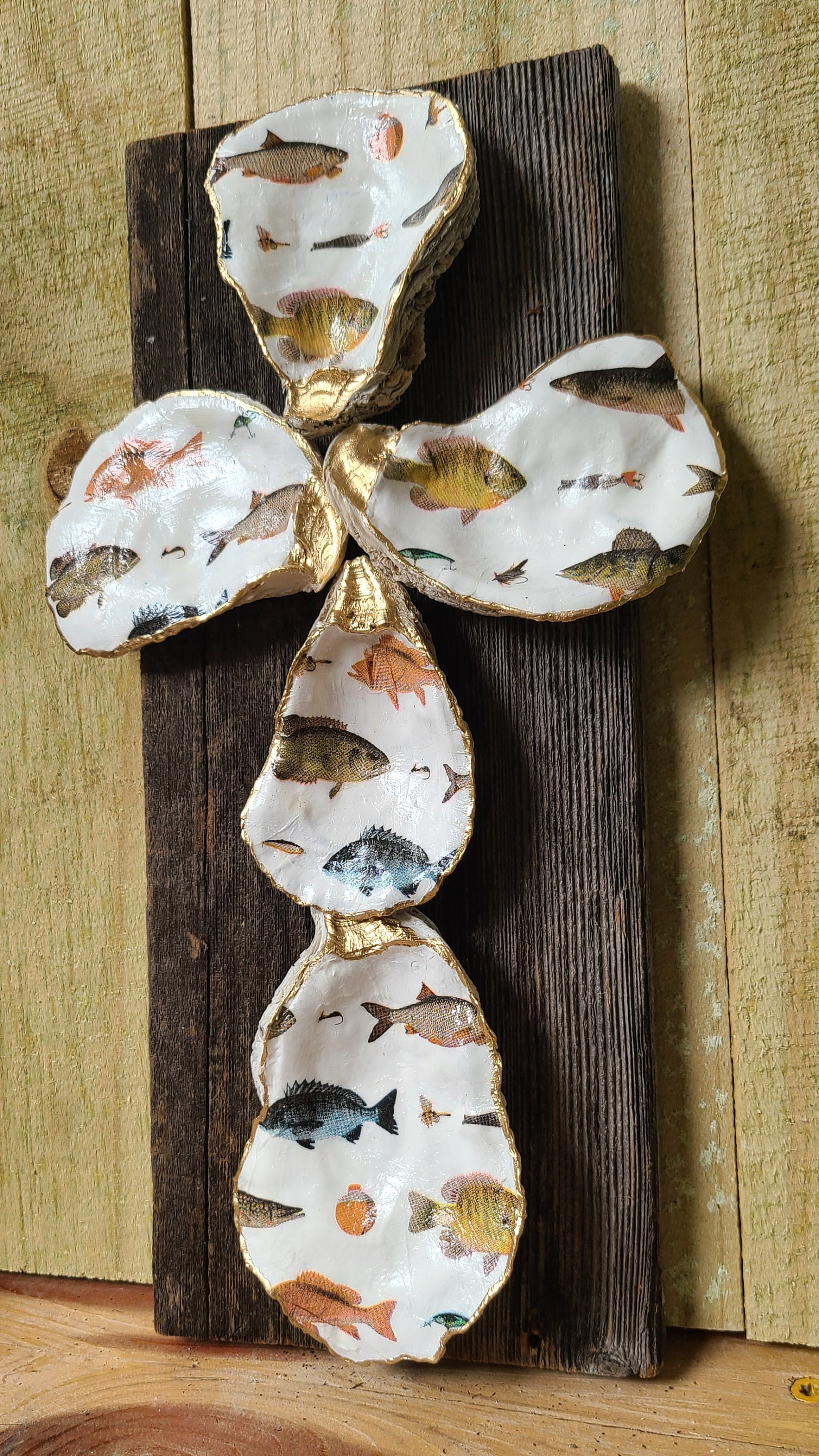 Driftwood Oyster Shell Cross Fish - Etsy