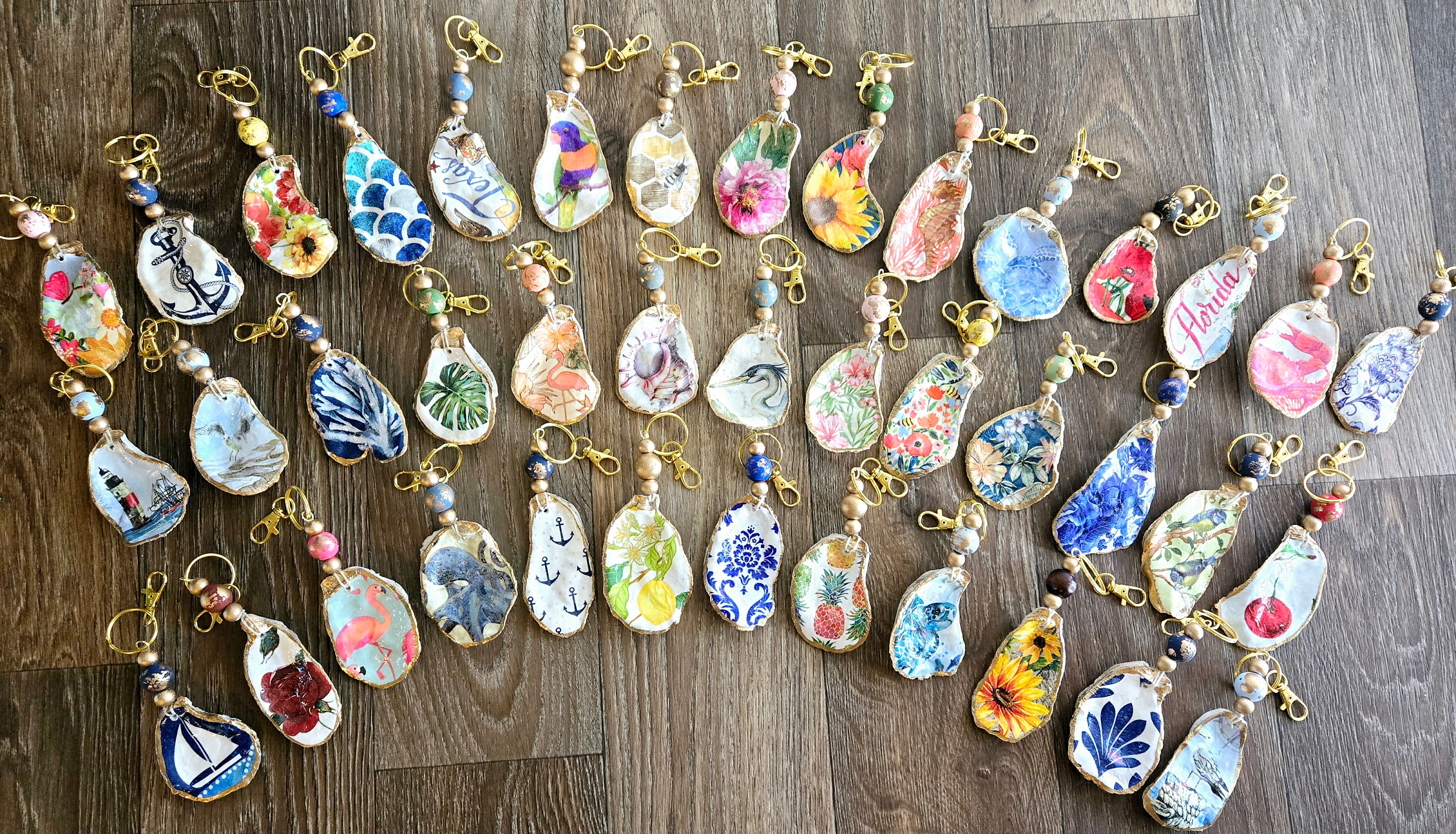Decoupaged oyster shell keychain