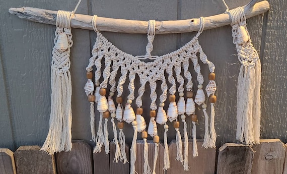 Seashell Macrame Wall Hanging, Wooden Bead Wall Decor, Boho Wall Decor 