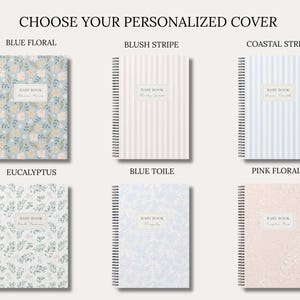 May include: Six spiral-bound baby books with personalized covers featuring various patterns including blue floral, blush stripe, coastal stripe, eucalyptus, blue toile, and pink floral. Each cover displays the text BABY BOOK in a central label.