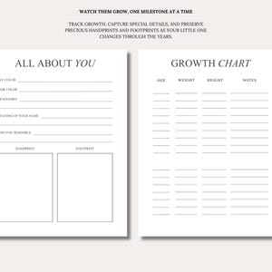 May include: Two white printable pages with black text. The left page is titled ALL ABOUT YOU with lines for eye color, hair color, nicknames, name meaning, resemblance, and boxes for handprints and footprints. The right page is a GROWTH CHART.
